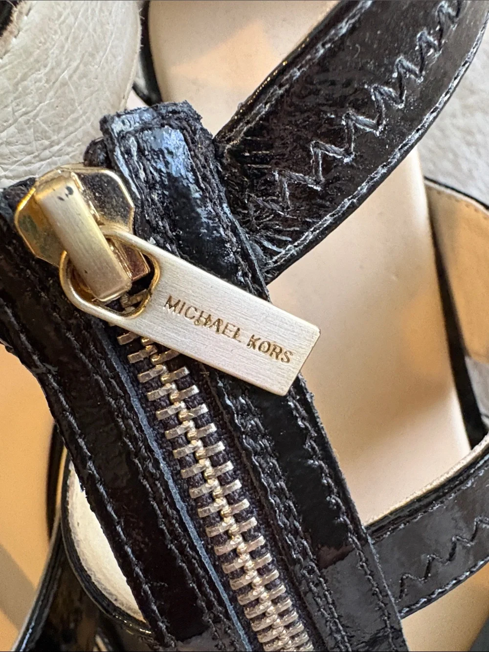 Michael Kors Black Patent Leather Strappy Zip Sandals